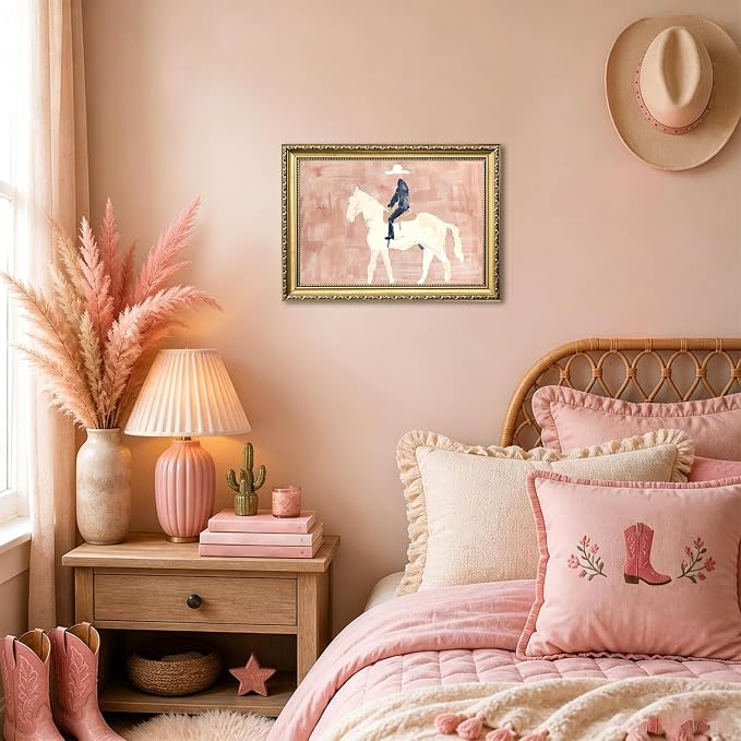 Gold Framed Western Cowboy Wall Art, Modern Abstract Cowboy on Horse Wall Decor Painting Vintage Southwestern Ranch Canvas Prints Picture for Farmhouse Living Room Bedroom 16x24 inch