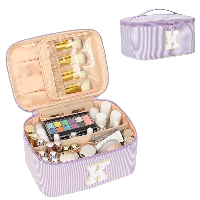 OCHEAL Makeup Bag Valentines Day Gifts for Women, Monogram Cosmetic Bag Purple Travel Makeup Case Beauty Toiletry Bag Organizer Personalized Gifts for Girls Bridesmaid, Sister, Wife, Friends Initial K