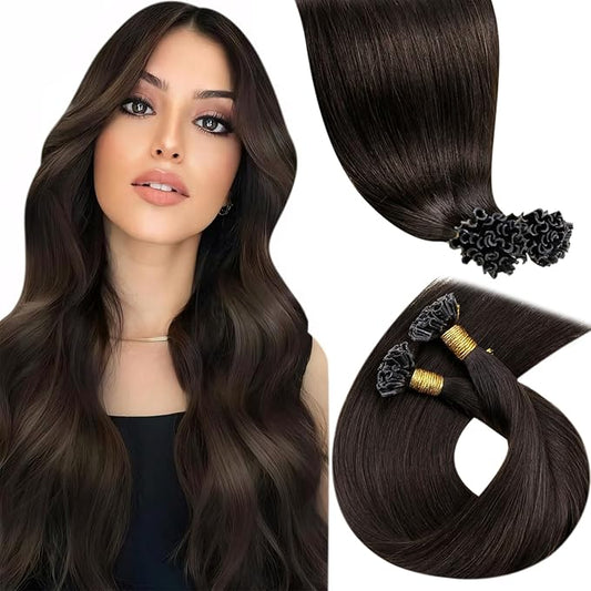 LaaVoo U Tip Hair Extensions Human Hair Brown K Tip Hair Extensions Real Human Hair Utip Hair Extension Darkest Brown 100g 100s 22Inch