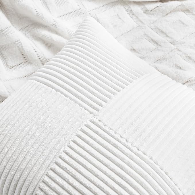 Fancy Homi White Lumbar Decorative Throw Pillow Covers 20x28 Inch for Living Room Couch Bed Sofa, Rustic Farmhouse Boho Home Decor, Soft Striped Corduroy Rectangle Accent Cushion Case 50x70 cm