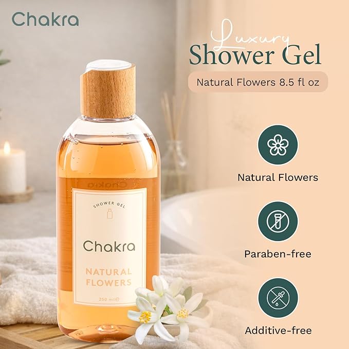 Chakra Body Wash for Women & Men - Moisturizing Shower Gel for Deep Cleansing and Silky Skin - Gentle Daily Body Care with Long-Lasting Freshness, 8.45 fl oz, Natural Flowers