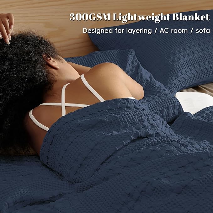 PHF 100% Cotton Waffle Blanket Twin Size, Lightweight Breathable Summer Blanket for Hot Sleepers, Pre-Washed Soft Layer for Bed, Dorm, Couch & Guest Room, Home Decor Gift, 66"x90", Indigo
