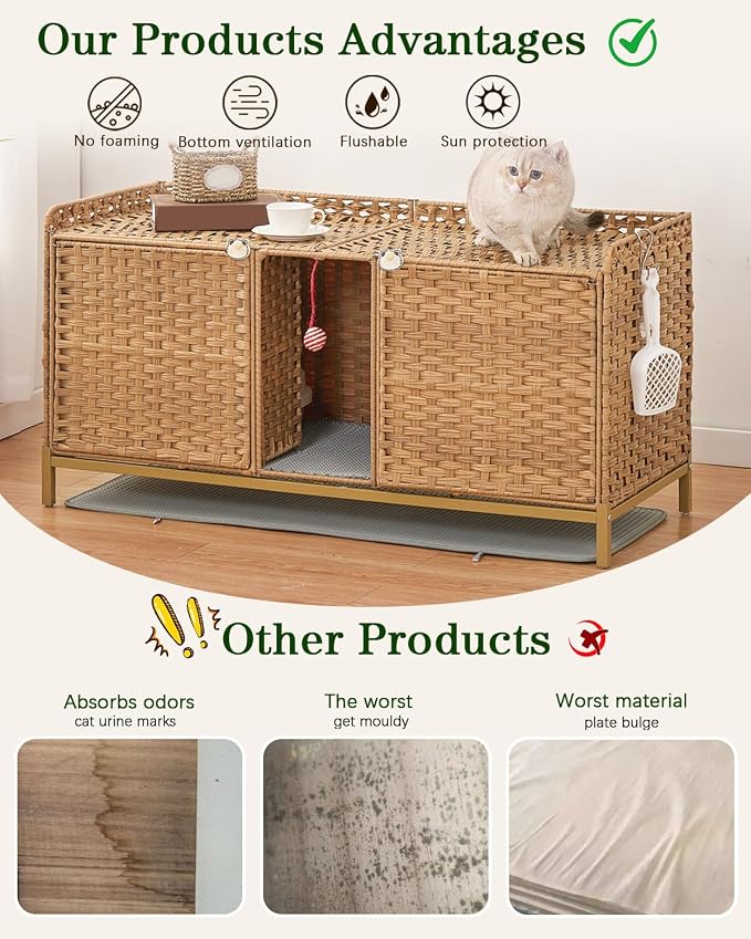 SETVSON Cat Litter Box Enclosure for 2 Cats, Hidden Cabinet, Natural | Handwoven PE Rattan with Double Mats, Spacious Double Room Kitty Furniture, 2 S-Hooks, 47.3x19.7x24 In Spacious & Versatile