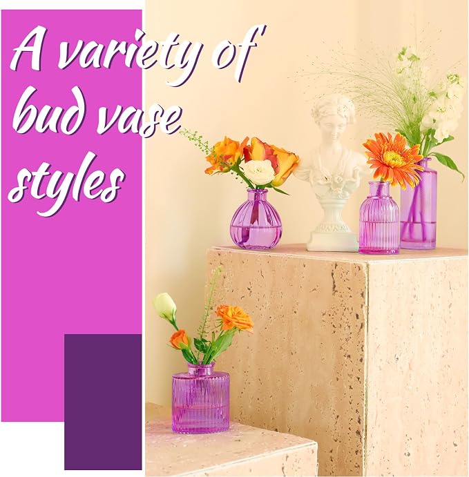 12PCS Hot Pink Vase Small Colored Flower Bud Vases | Glass Bud Vase in Bulk Pink Vases for Centerpieces Vintage Colored Glass Bottles for Home Office Decor