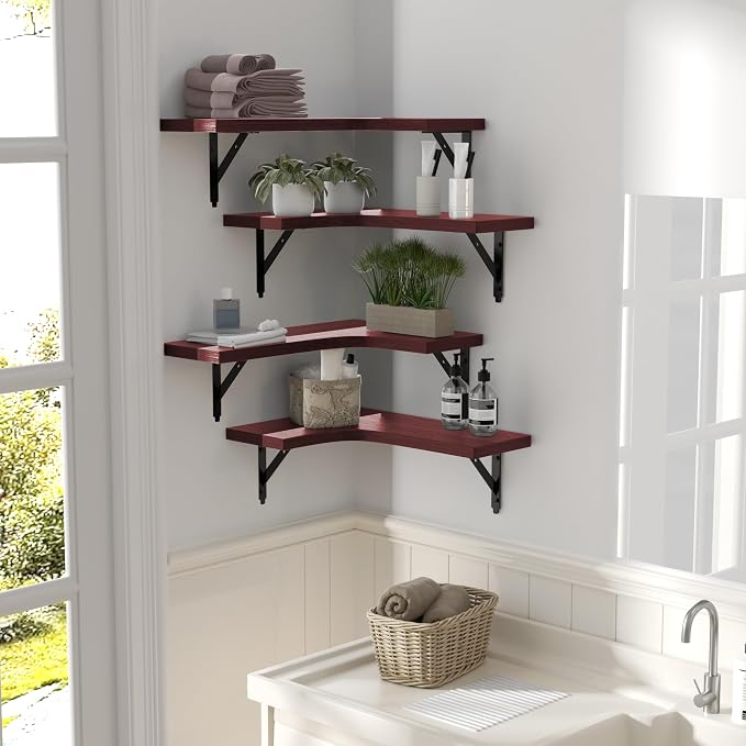 ROMGUAR CRAFT Corner Floating Shelves Wall Mounted Set of 4, Rustic Wood Storage Display Shelves for Home Decor, Bathroom, Kitchen, Bedroom, Living Room, Office (Red)