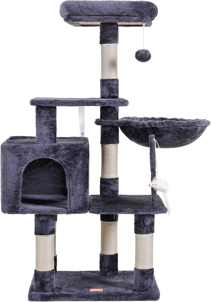 Heybly Cat Tree with Toy, 43.3 inch Cat Tower for Indoor Cats HCT004G | Cat Condo with Durable Sisal Scratching Posts, Cat House with Padded Plush Perch, Cozy Hammock, Smoky Gray