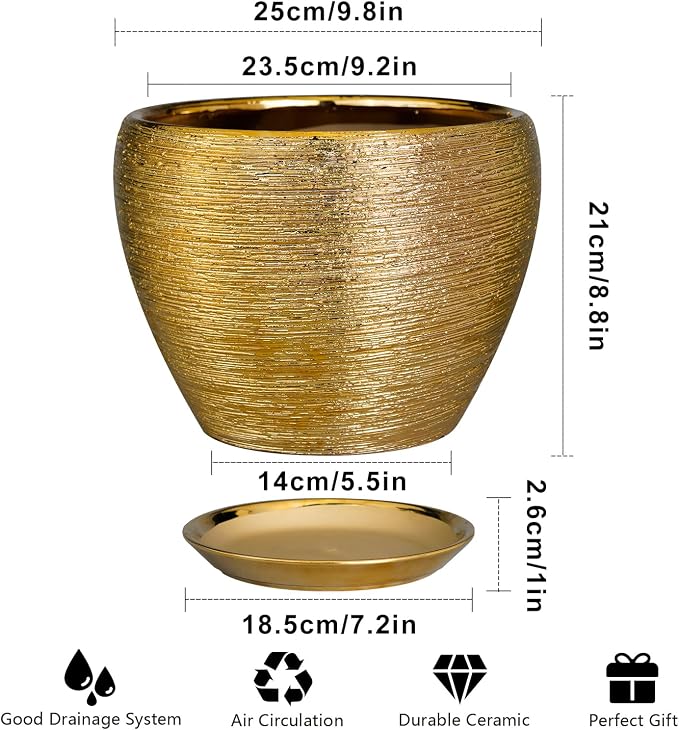 Ceramicfor Ceramic Planter 10 Inch - Indoor Plant Pot with Drainage Hole and Saucer Large Decorative Planter Mid-Century Modern Flower Pot Outdoor for Home Decor Gold