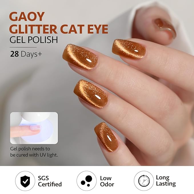 GAOY Jelly Brown Cat Eye Gel Nail Polish, 16ml Glitter Holographic Nail Polish with Magnet, Reflective Translucent UV Gel, 2956 Glowing Amber