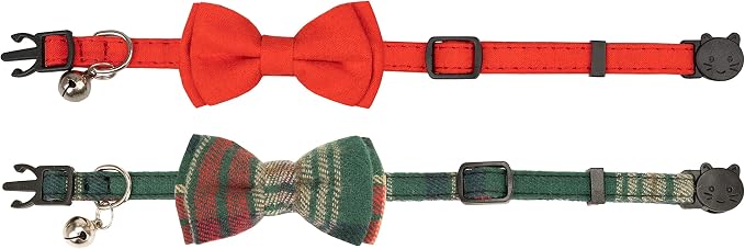 Collar for Cat Pet Breakaway with Bell Bowtie Detachable Bow Adjustable Safety Kitten Puppy Girl Boy 2pcs Christmas-A
