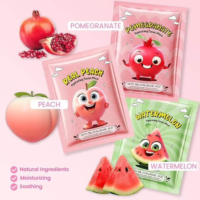 evpct 12-Pack Fruit Sheet Face Facial Masks for Women Skincare Spa, Facial Spa Day Slumber Sleepover Birthday Party Favors Supplies, Natural Ingredients, Hydrate and Soothe for All Skin Types, SetA04