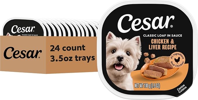 Cesar Classic Loaf in Sauce Wet Dog Food, Chicken & Liver, 3.5 oz, 24 Count | Made in USA, Real chicken #1 ingredient, no fillers/added sugar/artificial flavors, use as meal or topper, easy peel trays