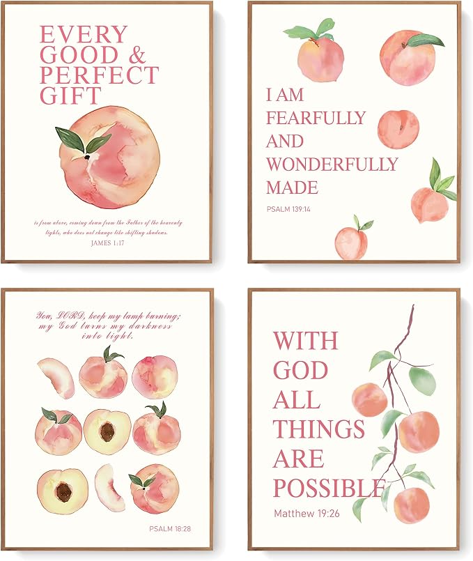 LARTSFRO Coquette Pink Peach Fruits Wall Art Decor Posters, Cute Pink Peach Christian Room Bathroom Bedroom Dorm Wall Art Decor Aesthetic for College Teen Girls Gifts, Inspirational Bible Verses Wall Decor, 10x8 Inch Set of 4 Pcs Fruits Pictures (UNFRA...