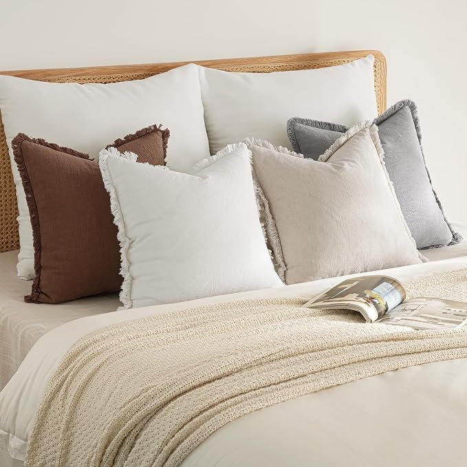 MIULEE Fall Linen Fringe Pillow Covers Set of 4 18x18 Beige/Brown/Grey | Boho Farmhouse Decorative Throw Pillow Covers, Neutral Soft Rustic Cushion Cases, for Couch Sofa Bed Living Room Home Decor