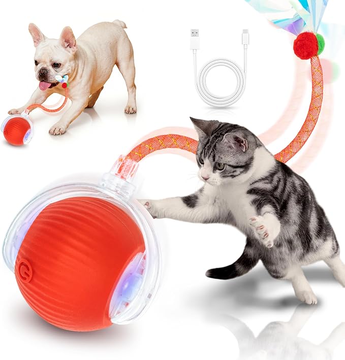 Cat Toys for Indoor Cats Smart Automatic Bal Moving Chase Dogs Toy, Red | Ball Rolling for Bored Kitten Pet, Upgraded Speedy Moving Chase Dogs Toy