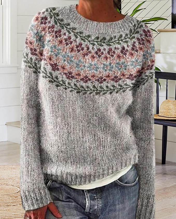 Zhyaj Fair Isle Sweater for Womens Winter Long Sleeve Vintage Knitted Sweater Casual Fall Crew Neck Pullover Sweaters