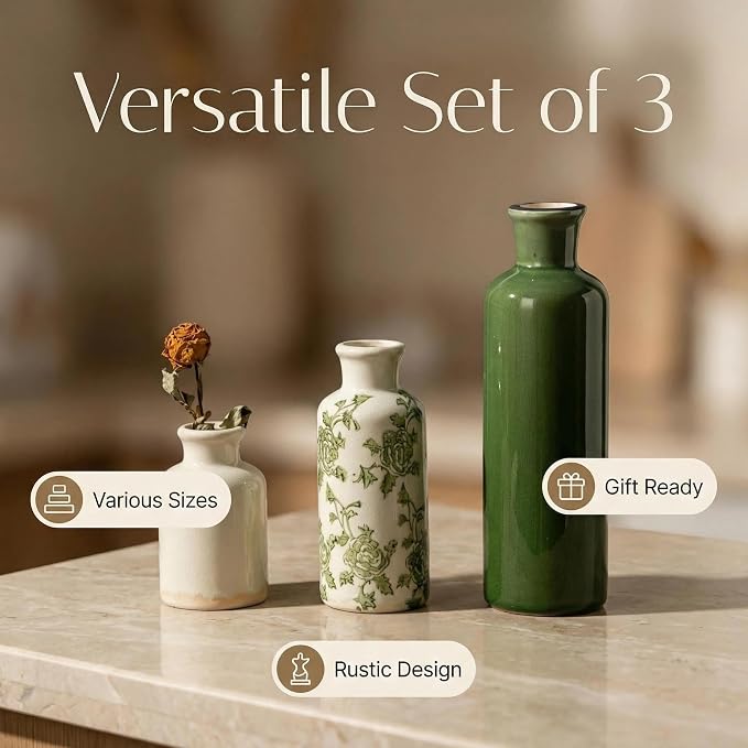 Rustic Ceramic Vase Set of 3, Flower Vases for Farmhouse Decor, Kitchen Living Room Table Centerpieces Decoration, Shelf, Mantel and Entrance Decorations-Multicolor.