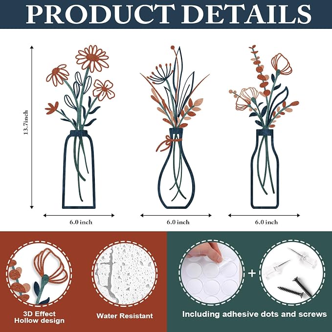 Pigort 3 Pieces Metal Flowers Wall Arts - Rustic Farmhouse Decor Minimalist Flower Wall Decors for Living room Bathroom Bedroom Dining Room-Housewarming Gifts