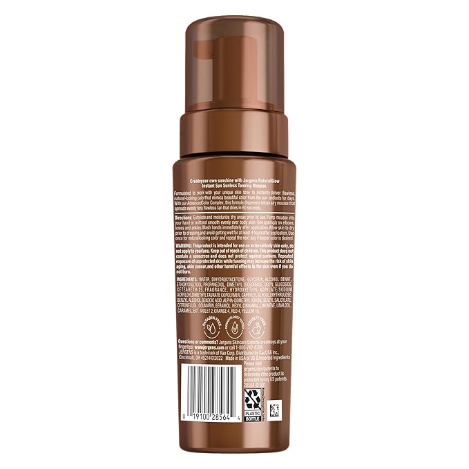 Jergens Natural Glow Instant Sun Body Mousse, Self Tanner for Ultra Deep Bronze Tan, Sunless Tanning Body Bronzer, Natural Looking Fake Tan, 6 Oz