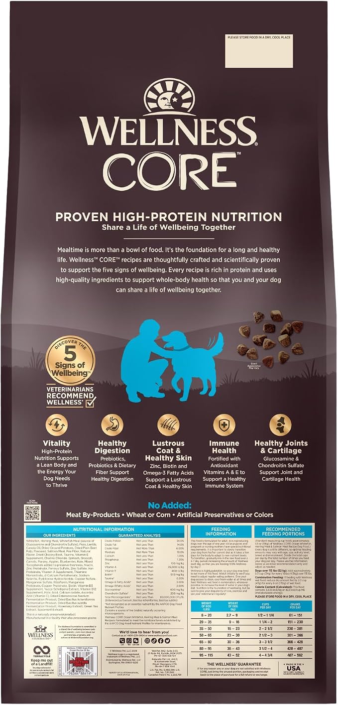 Wellness CORE Adult Dry Dog Food, Grain Free Kibble, Natural, High Protein, Chicken Free, Whitefish, Herring and Salmon Recipe, 26 lb Bag