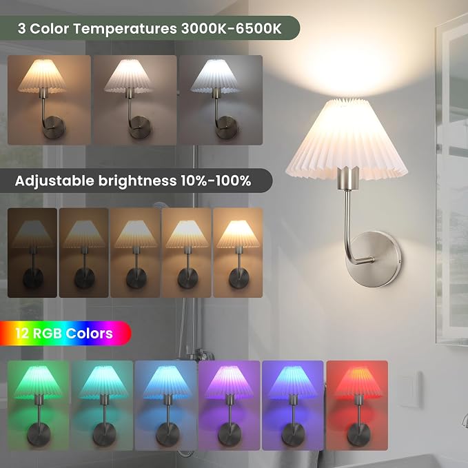Wireless Wall Sconce Sets of 2, Pleated Shades Rechargeable Battery Operated Wall Sconce, Retro Industrial Brushed Nickel Bathroom Vanity Lights, Wall Mounted Lamps for Bedroom Living Room Hallway
