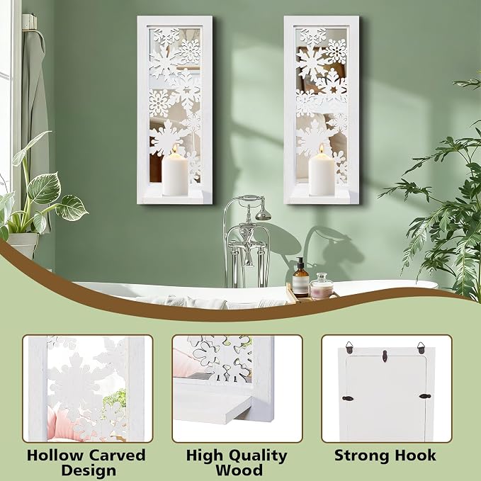 ZEXUIRU 2 Set Rustic Candle Sconces Living Room Bedroom Entryway Wood Mirrored, Farmhouse, Carved Frame Wall-Mount Wooden Candle Holders Wall Decor Hanging Handmade Holder - Distressed White