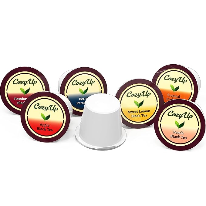 Cozy Up Iced Sweet Fruit Black Tea K-Cup Variety Pack, 36 Count, Guilt-Free Zero Calorie Sweetness - Compatible with Keurig - Lemon, Tropical, Berry, Passion Fruit, Apple & Peach - Single Serve Pods for Brew Over Ice