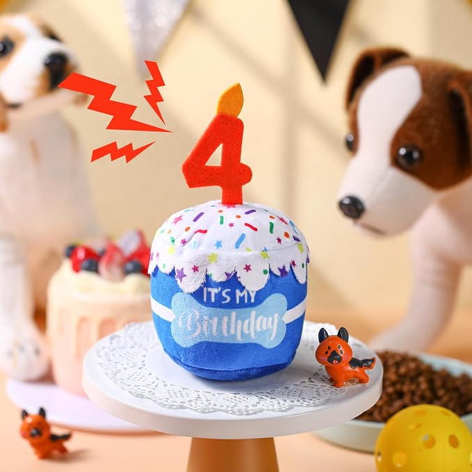 Dansydaisy Dog Birthday Cake Toy Squeaky Plush Gift,4th,Blue