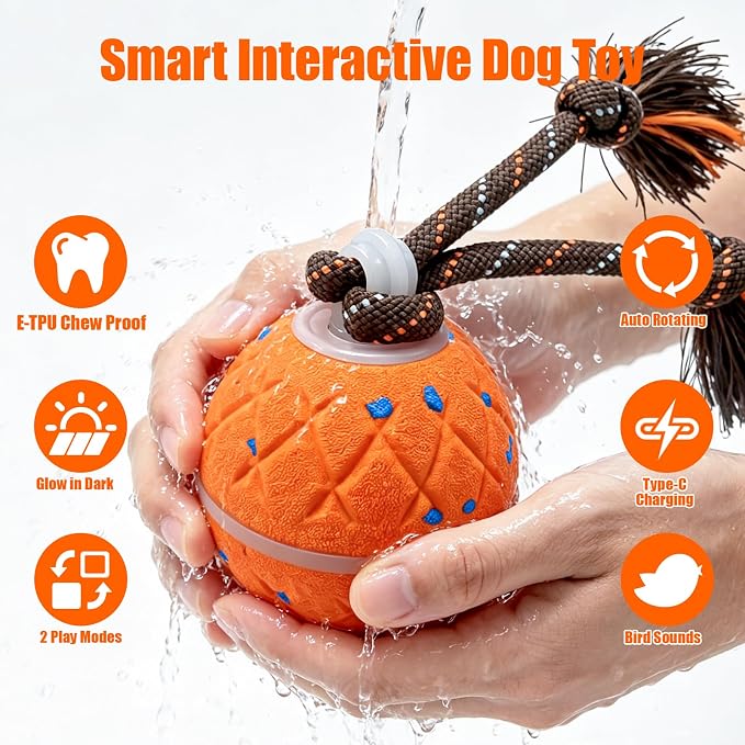 Smart Interactive Dog Toy Ball, Automatic Moving Dog Balls Smart Herding Ball for Dogs with Birdsong E-TPU Material, IPX7 Waterproof (Orange)
