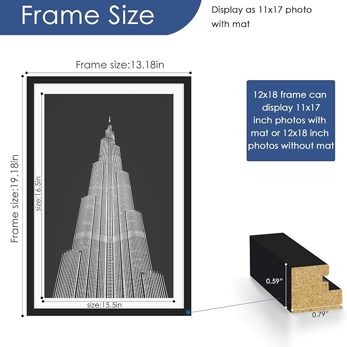 12x18 Picture Frame Set of 6, Wall Mounting Display, Black | Display 11x17 with Mat or 12x18 Without Mat, Horizontal or Vertical, Poster Frame Set for Wedding & Room & Home Decor