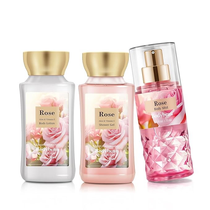 Mother's Day Rose Spa Gift Set - 3PCS Luxury Bath and Body Kit for Women with Shower Gel, Body Lotion & Body Mist - Portable Travel Size Self Care Gift for Mom, Wife, or Her