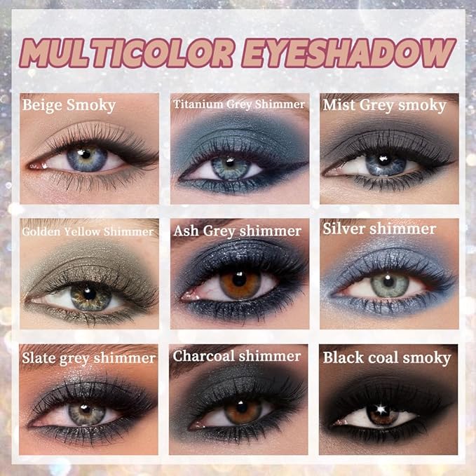 12 Colors Highly Pigmented Eye Shadow Cool Shades Palette Makeup Kit for Women, Black Coal Steel Gray Silver Beige Yellow Eyeshadows, Smoky Shimmery Metallic Eyeshadow Palette Long-Lasting Waterproof