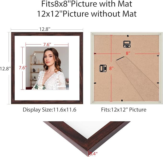 12x12 Picture Frame Set of 9, Display Pictures 8x8 with Mat or 12x12 without Mat, Multi Collage Gallery Square Photo Frames for Wall or Tabletop, Brown