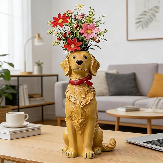 Quirky Dog Vase, Whimsical Boho Dog Flower Vase, Handcrafted Resin Decorative Dog Vases for Small Flowers, Funny Animal Resin Vases, Cute Puppy Planter for Desk Shelf, Boho Home Office Decor