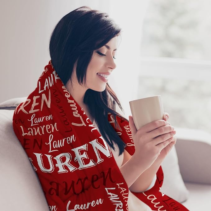 Personalized Name Throw Blanket, Custom Red Theme Light Soft Flannel Fleece Throw Blanket with Name for Men Women Boys Girls Kids, Customized Name Gifts for Birthday Christmas Valentines Day