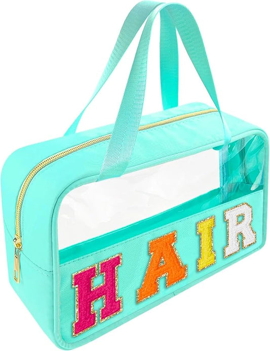 Bunliuys Chenille Letter Clear Makeup Bag Hair Patch, Travel Toiletry Makeup Bag with Handle, Nylon Waterproof Makeup Bags clear cosmetic bag, preppy patch makeup bag for Women (HAIR-Mint Green)