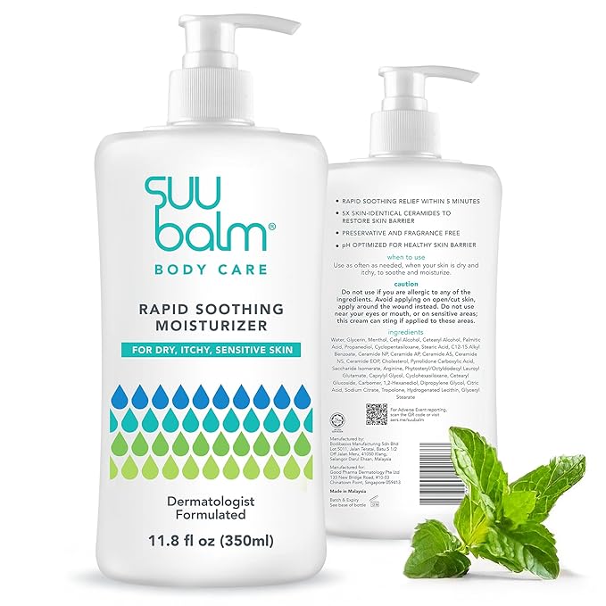 Suu Balm Intense Itch Relief Cream, Anti Itch Lotion for Sensitive Skin, Eczema, Psoriasis & Extreme, Very Severe & Dry Skin, Derm Formula, Menthol & Ceramides, 11.83 fl oz