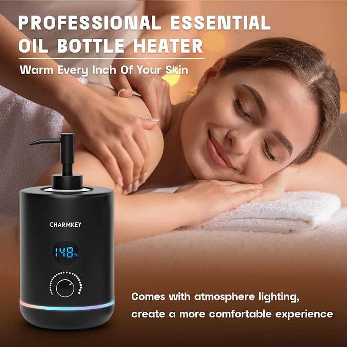 CHARMKEY Massage Oil Warmer Black, 2 Oil Bottle Dispensers & 2 Silicone Funnels, Digital Heater for SPA, Oil Lotion Cream for Salon, Barber Shops, Home, Automatic Lotion Warmer