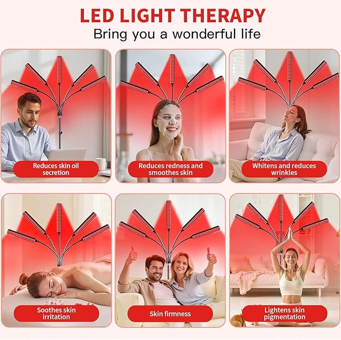 Cholas Red Light Therapy for Face Body, 5 Heads Red Infrared Light Therapy Devices with Stand, 5 Levels Adjustable Brightness 660nm and 850nm LED Near Infrared Light for Full Body, Face, Skin, Muscle