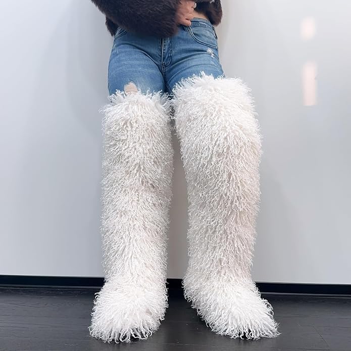 SWEETHEART BEAUTY Thigh High Shagy Teddy Fur Boots, 29 Inch Over the Knee Length Fluffy High Boots, Tall Furry Shoes For Women