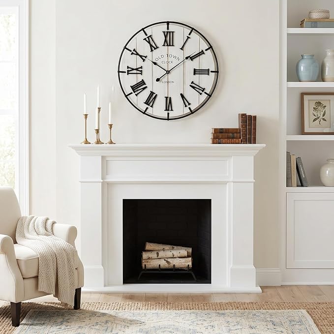 EMAX HOMELarge 24 Inch Farmhouse Style Wall Clock, Distressed Wood Look, Non-Ticking Quartz Movement, Classic Black Roman Numerals and Metal Frame, for Living Room Wall, Bedroom