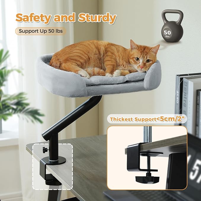 PAWZ Road Cat Desk Bed 360°Rotating Supports to 50 Lbs Cozy Nest for Desk | Elevated Desk Mount Cat Bed with Sturdy Clamp – Fits Desks & Tables, Padded Soft Nest for Cats, Holds Up to 50 lbs