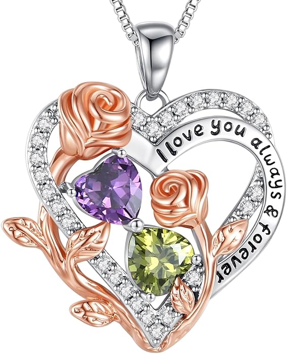 I Love You Birthstone Necklace, 925 Sterling Silver Heart Pendant with CZ Diamond Stones, Birthday Gifts for Women, Romantic Gift for Wife, Girlfriend, Her, Anniversary, Valentine's Day, Christmas
