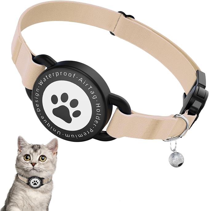 Airtag Cat Collar, Stretchy Kitten Collar with Apple Air Tag Holder, Khaki