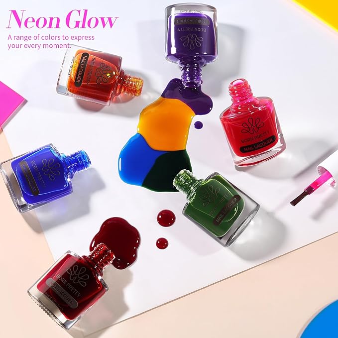 Born Pretty Neon Jelly Nail Polish Set, 6 Colors Spring Summer Ice Jelly Neon Nail Polish Quick Dry Fingernail Polish Kit Crystal Transparent Hot Pink Yellow Green Blue Nail Lacquer Glossy Polish Set