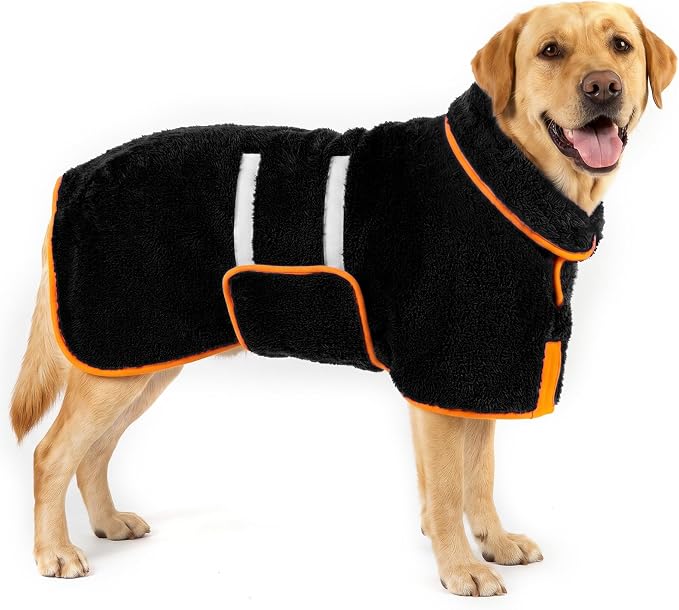 Bienbee Dog Bathrobe, Super Absorbent for Small to Large Dogs, Black L | Dog Robes with Soft Fleece, Warm & Cozy, Adjustable Fit, and Quick Drying Coat for Baths Swimming and Grooming