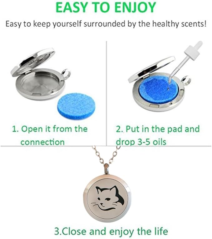 Aromatherapy Essential Oil Diffuser Stainless Steel 30MM Silver Magnetic Locket Pendant with Chain Necklace and Colored Refill Pads & Diffuser Bracelet All in a Velvet Bag (Cathead)