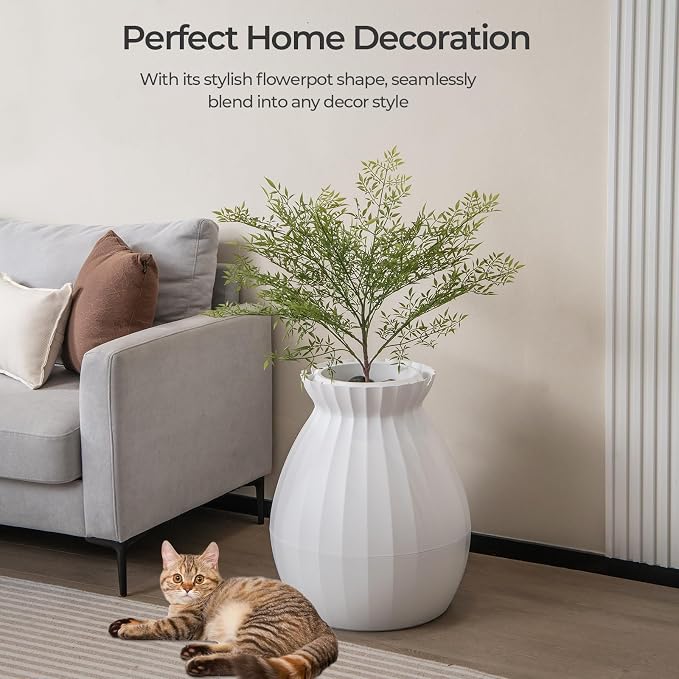 Giantex Cat Litter Box Plant - Hidden Litter Box Furniture with Electronic Odor Removal System, Detachable Door Curtain, Scoop, Cat Litter Box Enclosure Planter Home Decor, Easy to Clean (White)