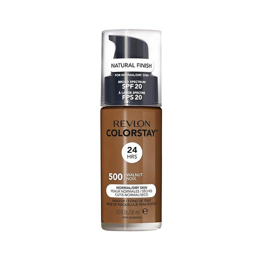Revlon Liquid Foundation, ColorStay Face Makeup for Normal & Dry Skin, SPF 20, Longwear Medium-Full Coverage with Natural Finish, Oil Free, 500 Walnut, 1 Fl Oz