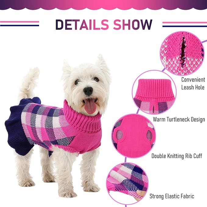 Dog Sweater Dress Plaid Knitwear for Small Medium Dogs Warm Puppy Pet Turtleneck Stretch Pullover Cute Fall Winter Vest Clothes with Leash Hole for Christmas (Navy, XS)