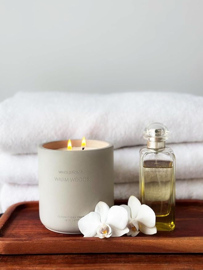 WHOLESOME. Warm Woods Scented Non-Toxic Candles for Home, 2 Wicks Natural Coconut Wax Candle Eco-Friendly, Luxury Aromatherapy Candles Stress Relief, 16 oz Large Concrete Jar, 90 Hours Burn